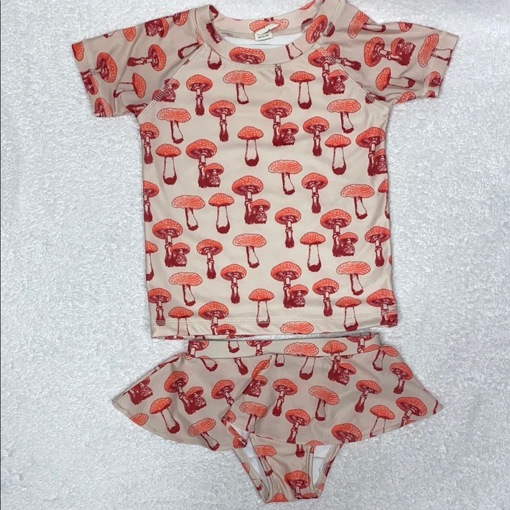 Kate Quinn tan red mushroom rash guard swim suit 4t